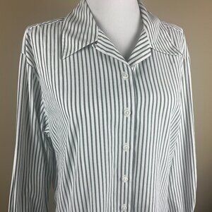 Talbots Long Sleeve Blouse Size 10 Gray White, Stripes, Button Down, Collar